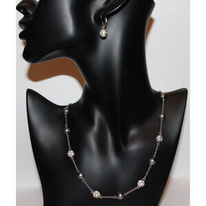 Nolan Miller Gray Pearl & Crystal Station Necklace Earrings Set 16”+2” Ext